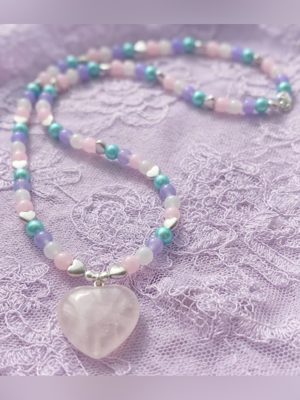 Candy DayDream Necklace (Candy Pink Glass, Pastel Rainbow Hematite Hearts, Jade)